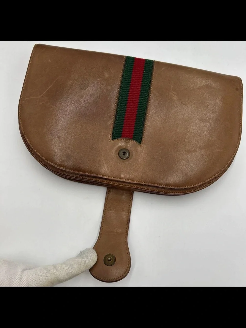 Gucci Brown Leather Clutch with Signature Green and Red Web